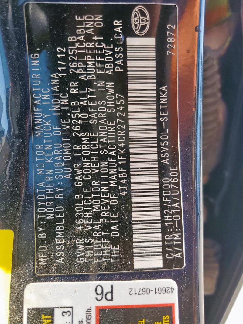 4T4BF1FK4CR272457 - 2012 TOYOTA CAMRY BASE BLACK photo 12