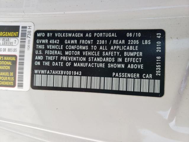 WVWFA7AHXBV001943 - 2011 VOLKSWAGEN EOS LUX 白色 照片 12