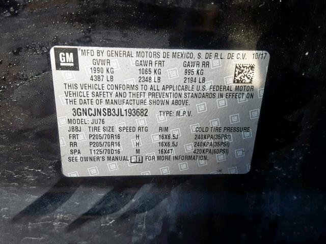 3GNCJNSB3JL193682 - 2018 CHEVROLET TRAX LS  photo 10