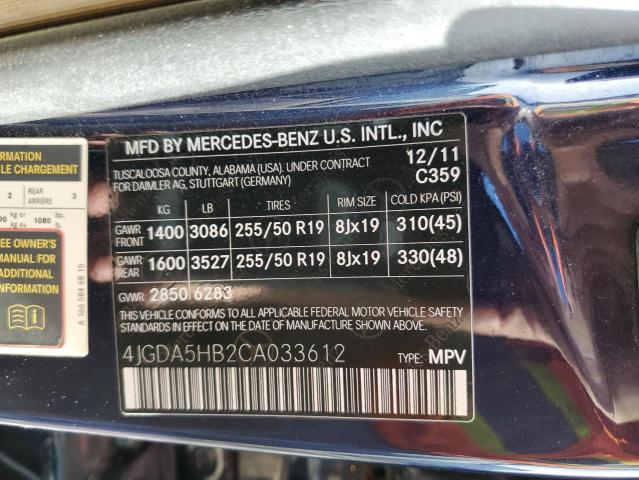 4JGDA5HB2CA033612 - 2012 MERCEDES-BENZ ML 350 4MATIC BLUE photo 12