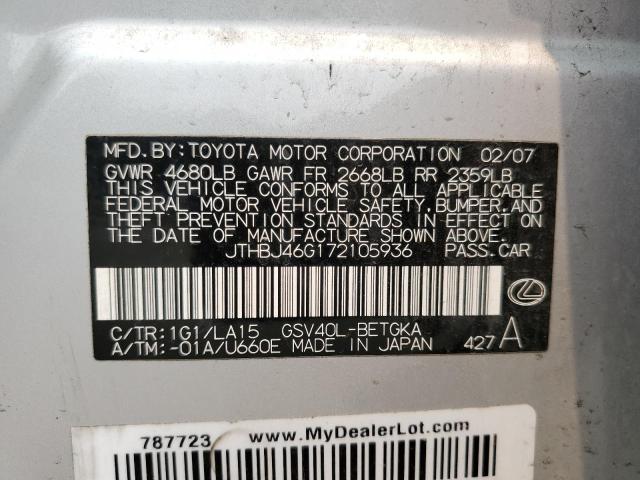 JTHBJ46G172105936 - 2007 LEXUS ES 350 SILVER photo 12