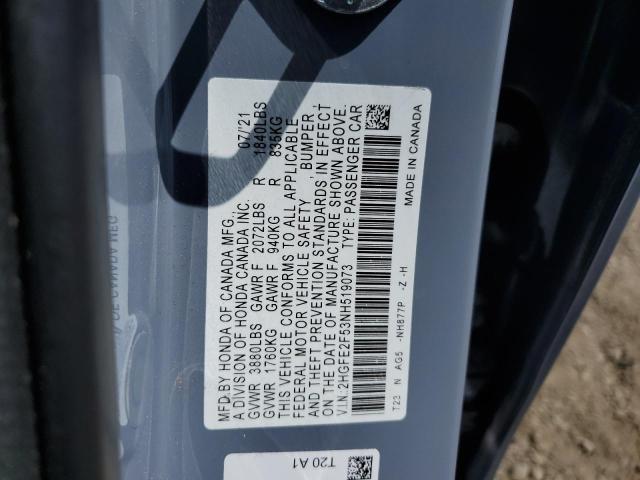 2HGFE2F53NH519073 - 2022 HONDA CIVIC SPORT 灰色 照片 12