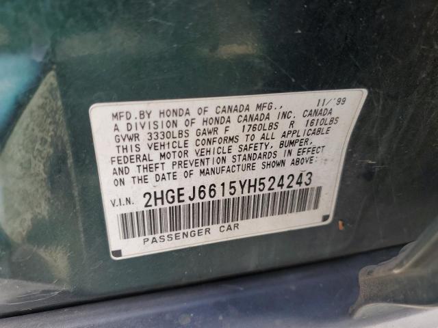 2HGEJ6615YH524243 - 2000 HONDA CIVIC BASE GREEN photo 12