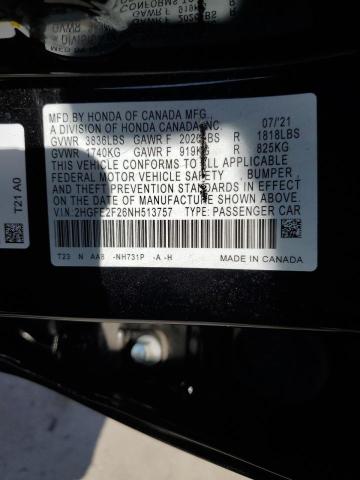 2HGFE2F26NH513757 - 2022 HONDA CIVIC LX BLACK photo 12