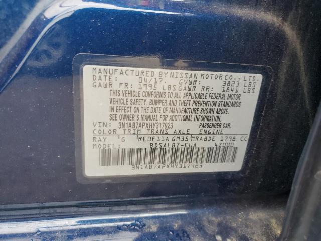 3N1AB7APXHY317923 - 2017 NISSAN SENTRA S BLUE photo 12