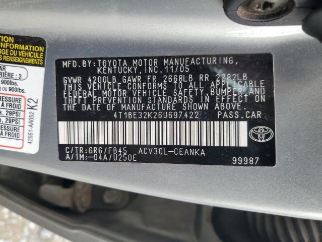 4T1BE32K26U697422 - 2006 TOYOTA CAMRY LE TURQUOISE photo 12