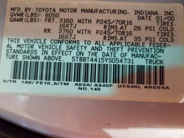 5TBBT4415YS054731 - 2000 TOYOTA TUNDRA ACCESS CAB ვერცხლისფერი ფოტო 10