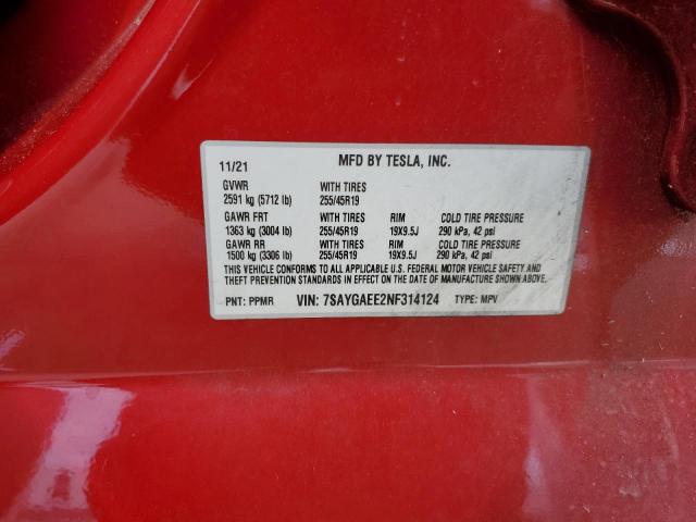 7SAYGAEE2NF314124 - 2022 TESLA MODEL Y RED photo 12