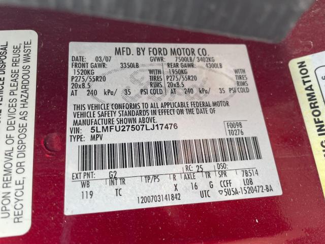 5LMFU27507LJ17476 - 2007 LINCOLN NAVIGATOR წითელი ფოტო 10