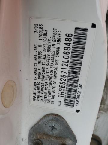 1HGES26712L068486 - 2002 HONDA CIVIC EX WHITE photo 12