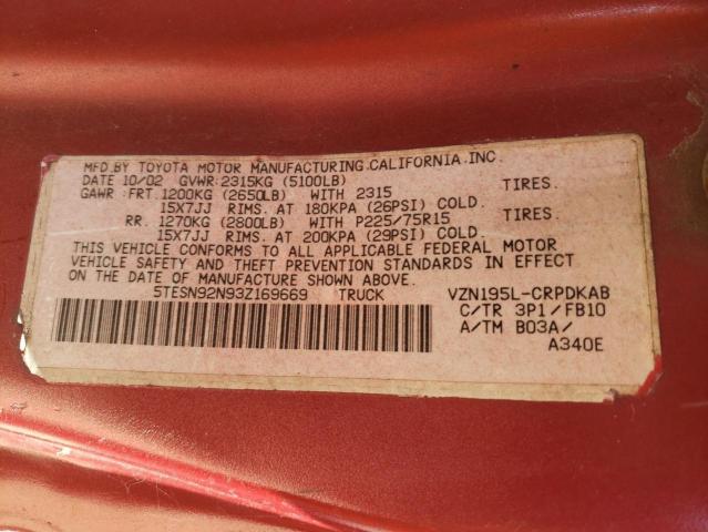 5TESN92N93Z169669 - 2003 TOYOTA TACOMA XTRACAB PRERUNNER 勃艮第红 照片 13