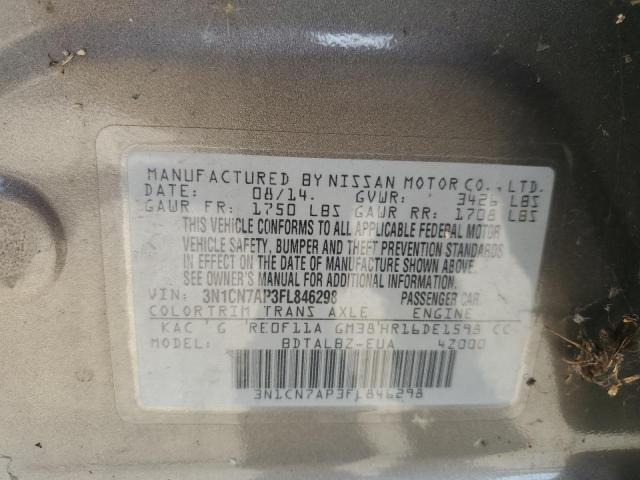 3N1CN7AP3FL846298 - 2015 NISSAN VERSA S GRAY photo 13