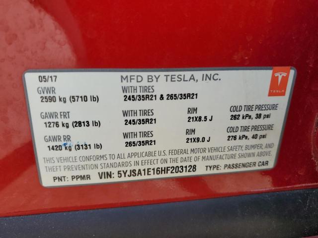 5YJSA1E16HF203128 - 2017 TESLA MODEL S Червоний фото 13