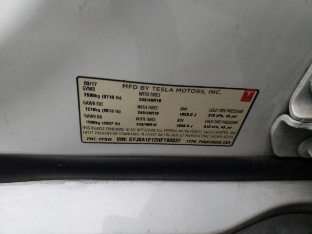 5YJSA1E12HF190037 - 2017 TESLA MODEL S 白色 照片 13