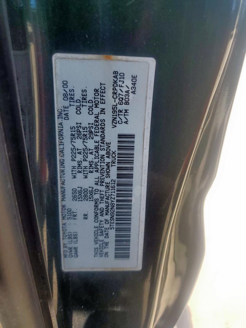 5TESN92N8YZ711612 - 2000 TOYOTA TACOMA XTRACAB PRERUNNER მწვანე ფოტო 12