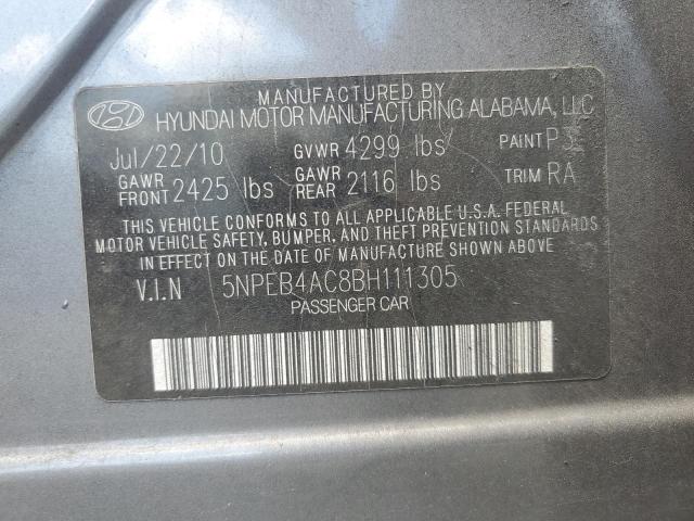 5NPEB4AC8BH111305 - 2011 HYUNDAI SONATA GLS GRAY photo 12