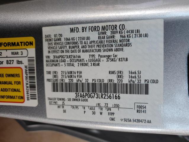 3FA6P0G73LR256166 - 2020 FORD FUSION S GRAY photo 12