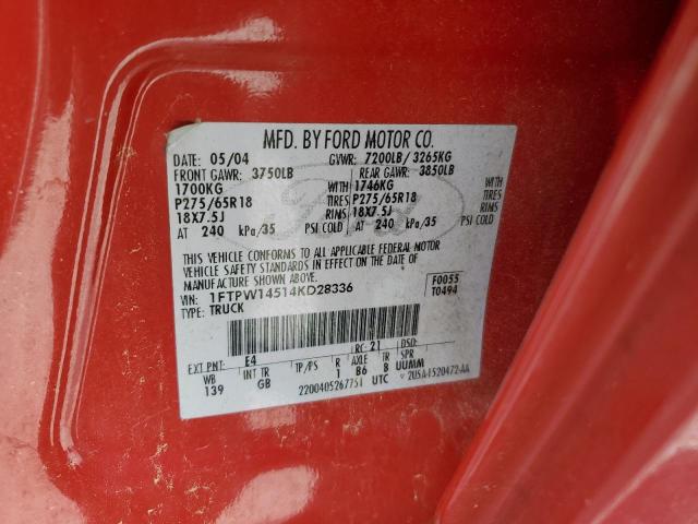 1FTPW14514KD28336 - 2004 FORD F150 SUPERCREW RED photo 12