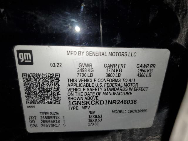 1GNSKCKD1NR246036 - 2022 CHEVROLET SUBURBAN K1500 LT BLACK photo 13