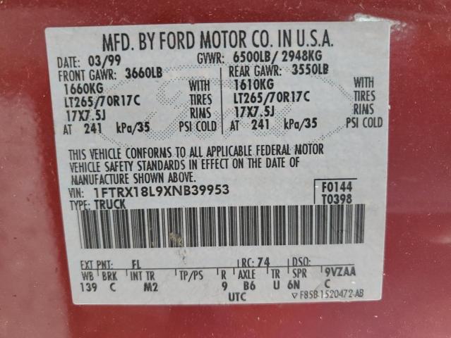 1FTRX18L9XNB39953 - 1999 FORD F-150 RED photo 12