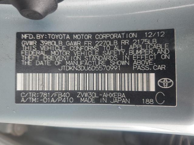 JTDKN3DU6D5570991 - 2013 TOYOTA PRIUS TURQUOISE photo 12