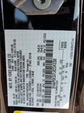 3FA6P0CD7LR234330 - 2020 FORD FUSION SEL BLACK photo 13