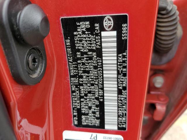 4T1BF1FK0CU531407 - 2012 TOYOTA CAMRY BASE RED photo 12