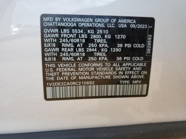 1V2DE2CA0RC210692 - 2024 VOLKSWAGEN ATLAS CROS SE Белый фото 13