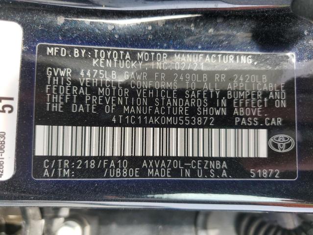 4T1C11AK0MU553872 - 2021 TOYOTA CAMRY LE BLACK photo 13