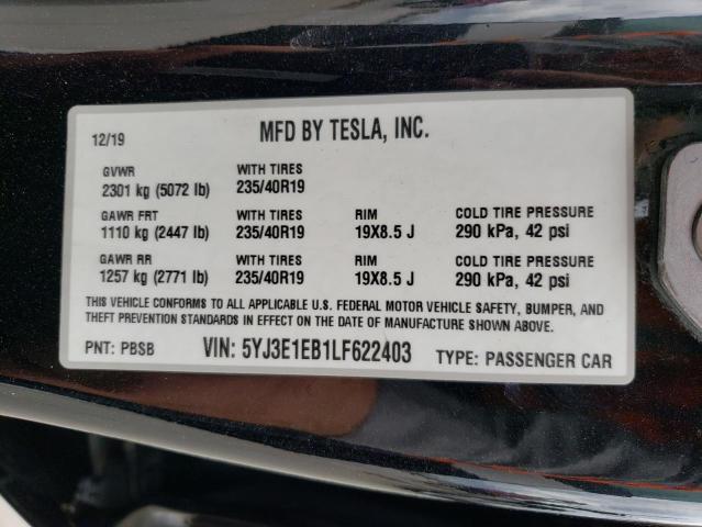 5YJ3E1EB1LF622403 - 2020 TESLA MODEL 3 BLACK photo 12