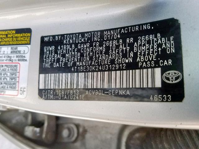 4T1BE30K24U312912 - 2004 TOYOTA CAMRY LE  photo 10