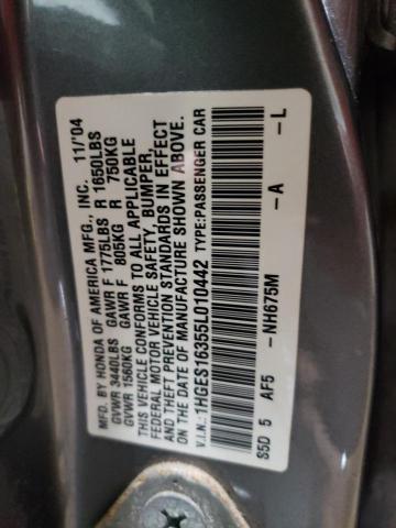 1HGES16355L010442 - 2005 HONDA CIVIC DX VP GRAY photo 12