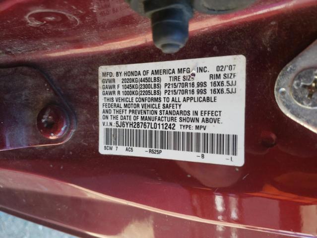 5J6YH28767L011242 - 2007 HONDA ELEMENT EX Bordo foto 13