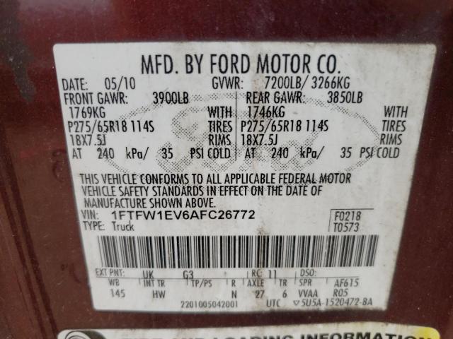 1FTFW1EV6AFC26772 - 2010 FORD F150 SUPERCREW BURGUNDY photo 13