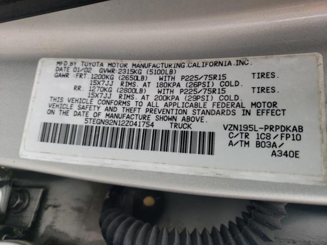 5TEGN92N12Z041754 - 2002 TOYOTA TACOMA DOUBLE CAB PRERUNNER SILVER photo 12