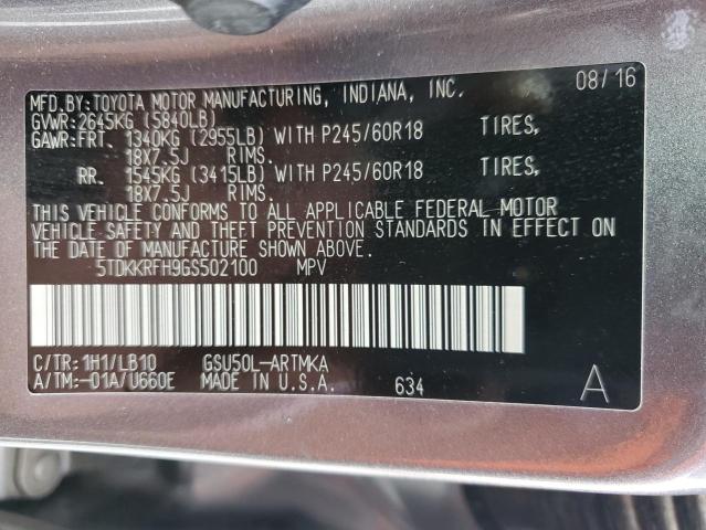 5TDKKRFH9GS502100 - 2016 TOYOTA HIGHLANDER XLE GRAY photo 14