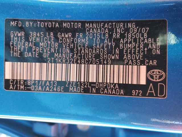 2T1KR32E48C705149 - 2008 TOYOTA COROLLA MA XR BLUE photo 13