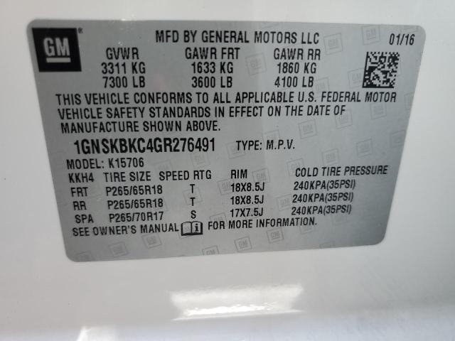 1GNSKBKC4GR276491 - 2016 CHEVROLET TAHOE K1500 LT WHITE photo 13