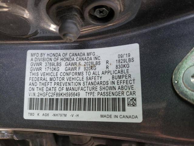 2HGFC2F89KH595649 - 2019 HONDA CIVIC SPORT GRAY photo 12