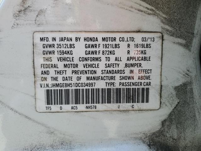 JHMGE8H51DC034997 - 2013 HONDA FIT SPORT თეთრი ფოტო 13