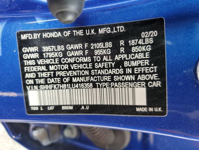 SHHFK7H81LU416358 - 2020 HONDA CIVIC EXL ლურჯი ფოტო 12
