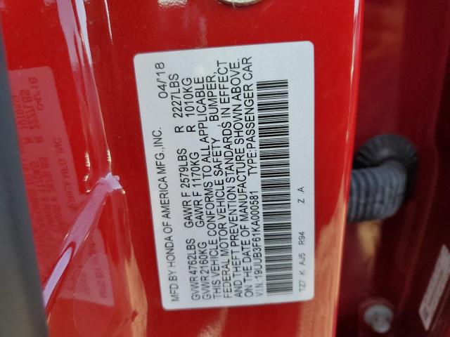 19UUB3F61KA000581 - 2019 ACURA TLX TECHNOLOGY RED photo 12