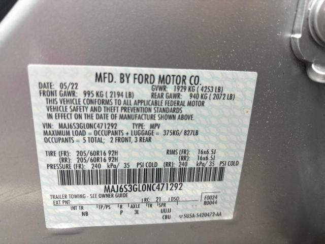 MAJ6S3GL0NC471292 - 2022 FORD ECOSPORT SE SILVER photo 10