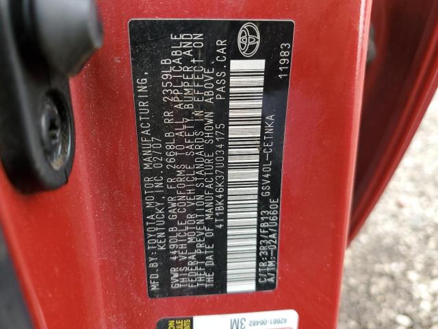4T1BK46K37U034175 - 2007 TOYOTA CAMRY LE 红色 照片 12