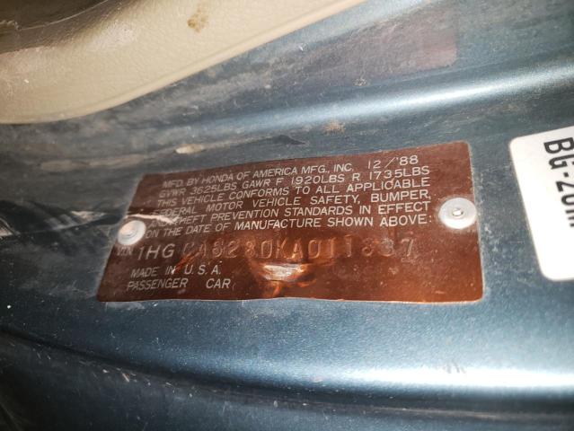 1HGCA6280KA011837 - 1989 HONDA ACCORD LXI BLUE photo 10