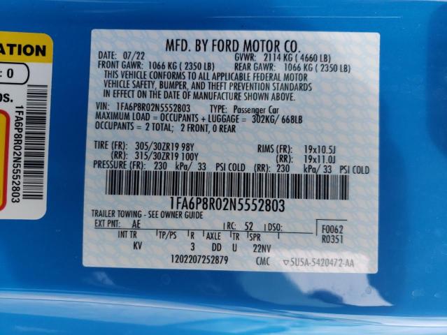 1FA6P8R02N5552803 - 2022 FORD MUSTANG MACH I BLUE photo 12