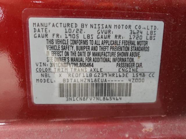 3N1CN8FV7NL865464 - 2022 NISSAN VERSA SR RED photo 13