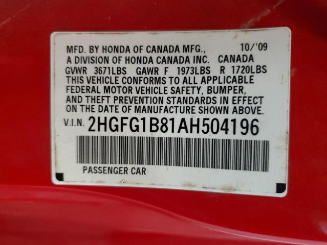 2HGFG1B81AH504196 - 2010 HONDA CIVIC EX RED photo 13