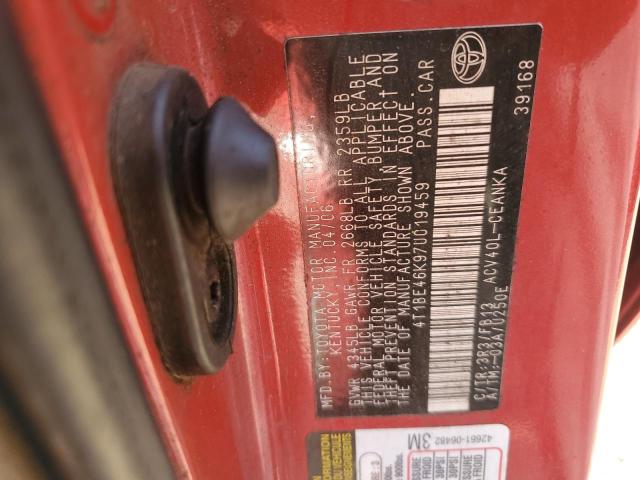 4T1BE46K97U019459 - 2007 TOYOTA CAMRY CE RED photo 12