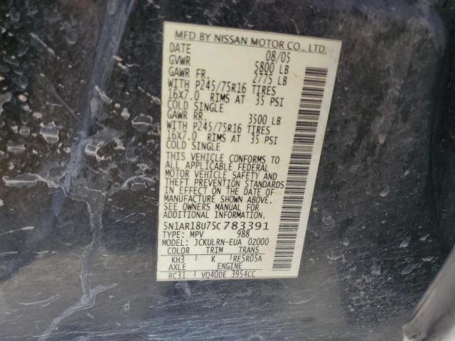 5N1AR18U75C783391 - 2005 NISSAN PATHFINDER LE BLACK photo 13